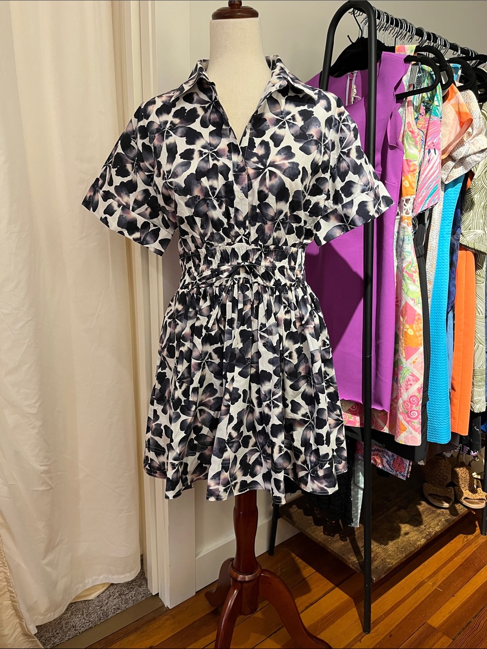 J. Crew Navy & White Floral Smocked Shirtdress